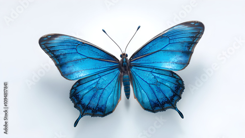 Bright blue butterfly with wide open wings on a plain white background.