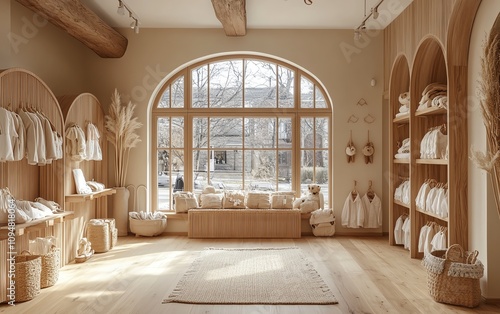 Kids fashion boutique with luxurious corduroy textures, a warm neutral palette, and beautiful natural light streaming in through large windows photo