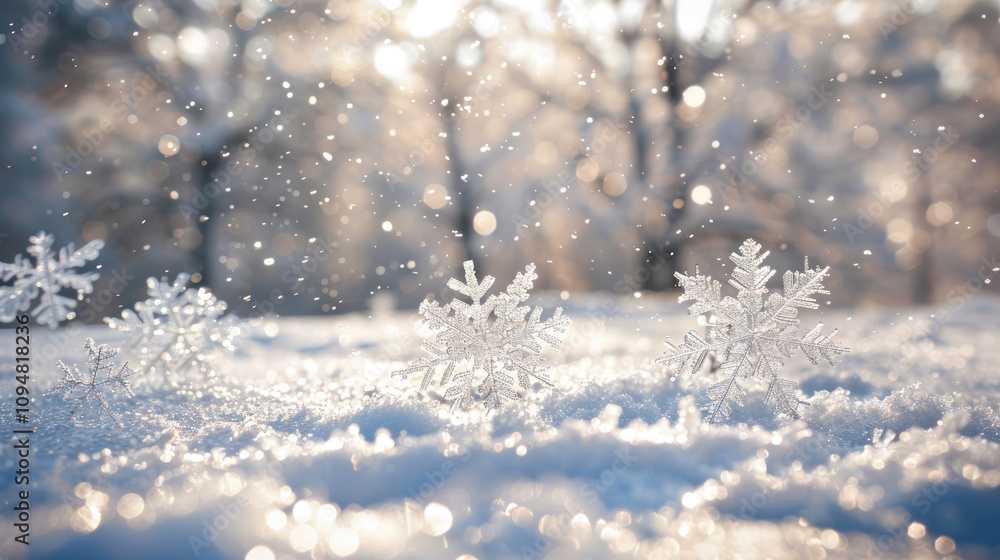 Close-up of intricate snowflakes gently falling in a serene winter background with frosted trees Close-up of intricate snowflakes gently falling in a serene winter background with frosted trees