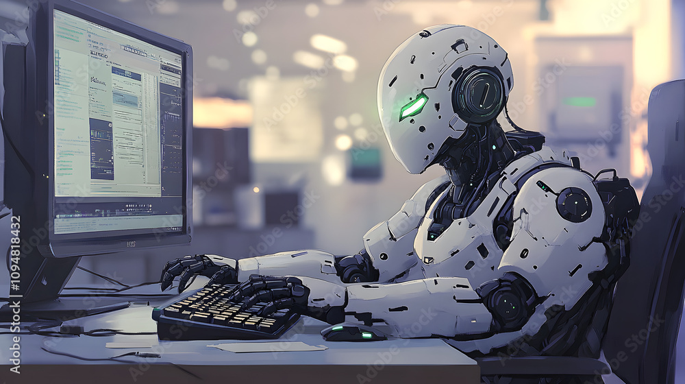 Business man working with AI artificial intelligence humanoid robot in office Futuristic technology collaborate future work integration science workforce computers automation. Human replaced by robots Business man working with AI artificial intelligence humanoid robot in office Futuristic technology collaborate future work integration science workforce computers automation. Human replaced by robots
