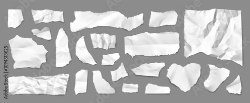 Realistic torn pieces of paper with wrinkles and folds, white ripped notebook pages. Blank crumpled memo sheets with damaged edges, torn letter, wrinkled paper strips and ragged note scraps vector set