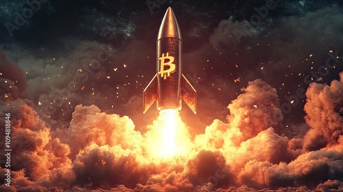 A rocket launching off with ascending arrows and a bitcoin indication photo