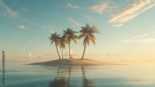 Serene Sunset on a Tropical Island: 3D Render of a Secluded Paradise. AI Generated