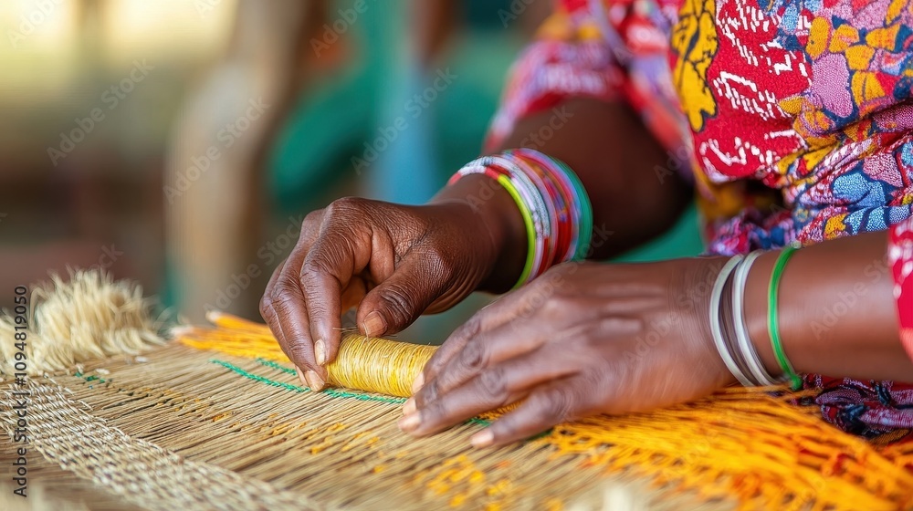 Woman weaves a colorful mat with natural fibers, showcasing her craft in a bright setting Woman weaves a colorful mat with natural fibers, showcasing her craft in a bright setting