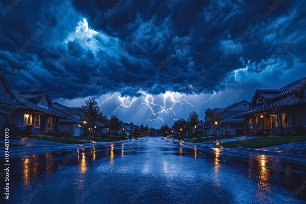 Fototapeta premium A dramatic evening scene with dark storm clouds, lightning, and reflections on a wet street, creating an intense and atmospheric landscape.