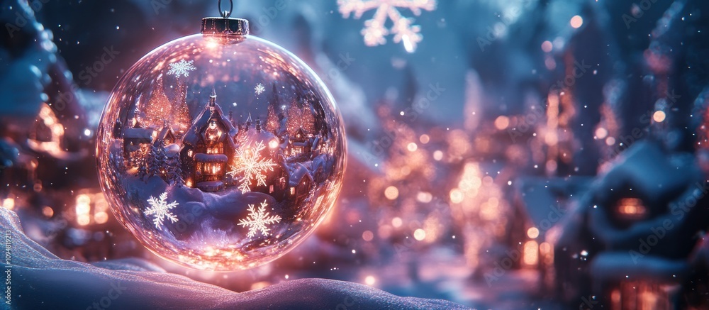 Illuminated Christmas ornament reflecting a snowy village scene. Illuminated Christmas ornament reflecting a snowy village scene.