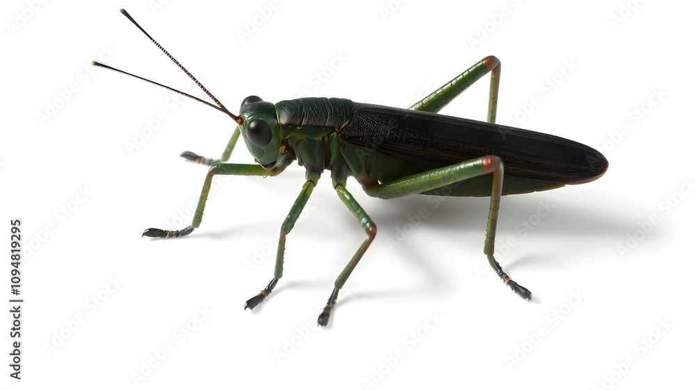 Dark green grasshopper sits on a white background. Dark green grasshopper sits on a white background.