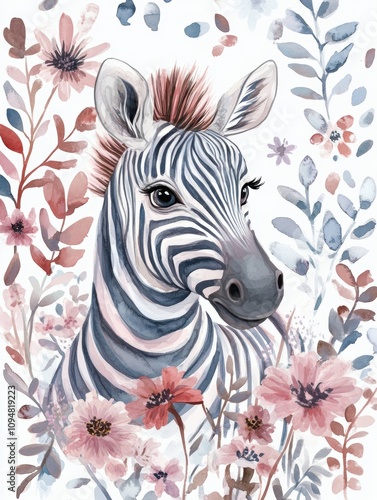 Watercolor painting of a zebra with floral elements, on a white background, with a cute and dreamy aesthetic