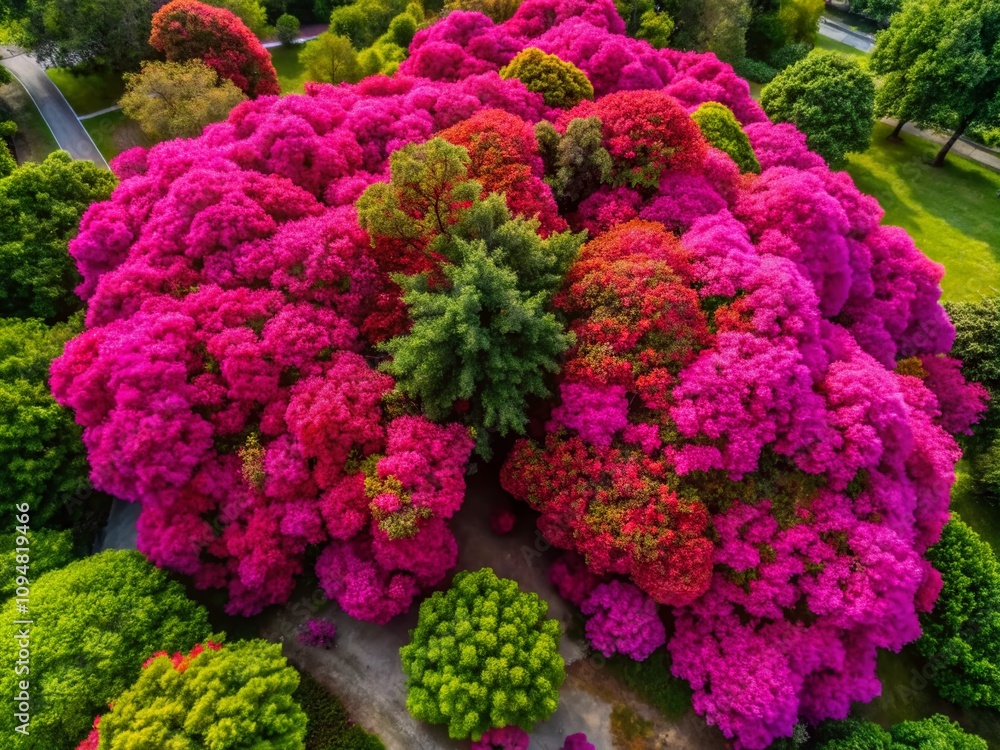 Aerial View of a Vibrant Pink Bush in Full Bloom Surrounded by Lush Greenery Captured Through Drone Photography for Nature Enthusiasts and Garden Lovers