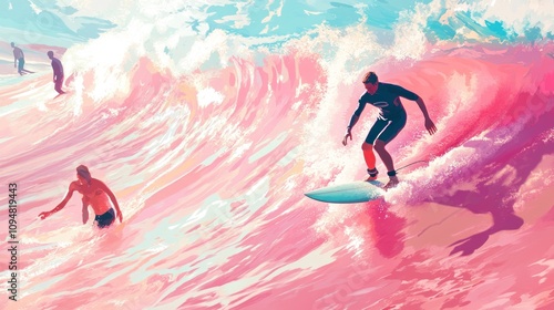 Surreal pink wave with surfers.