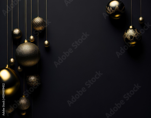Golden chrismas balls and bells Close-u, dark black background and Shiny golden lights