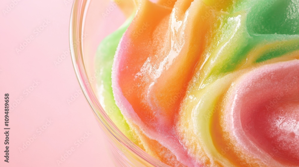 A vibrant mix of pastel-colored creamy swirls fills a bowl, showcasing shades of pink, orange, and green. This delightful dessert offers a refreshing treat perfect for warm weather. A vibrant mix of pastel-colored creamy swirls fills a bowl, showcasing shades of pink, orange, and green. This delightful dessert offers a refreshing treat perfect for warm weather.
