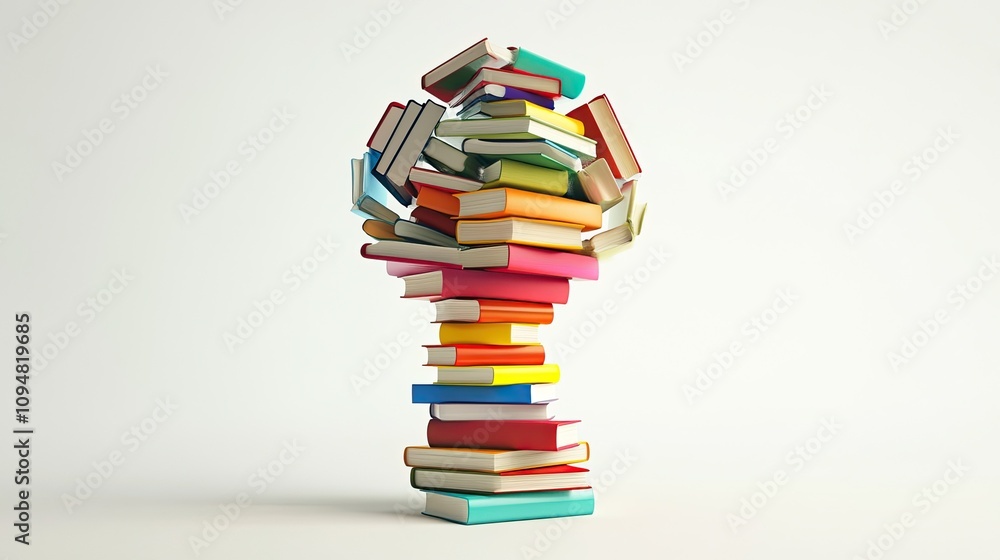 A stack of vibrant books on a white background that resembles a lightbulb. 3D Graphics Rendering A stack of vibrant books on a white background that resembles a lightbulb. 3D Graphics Rendering