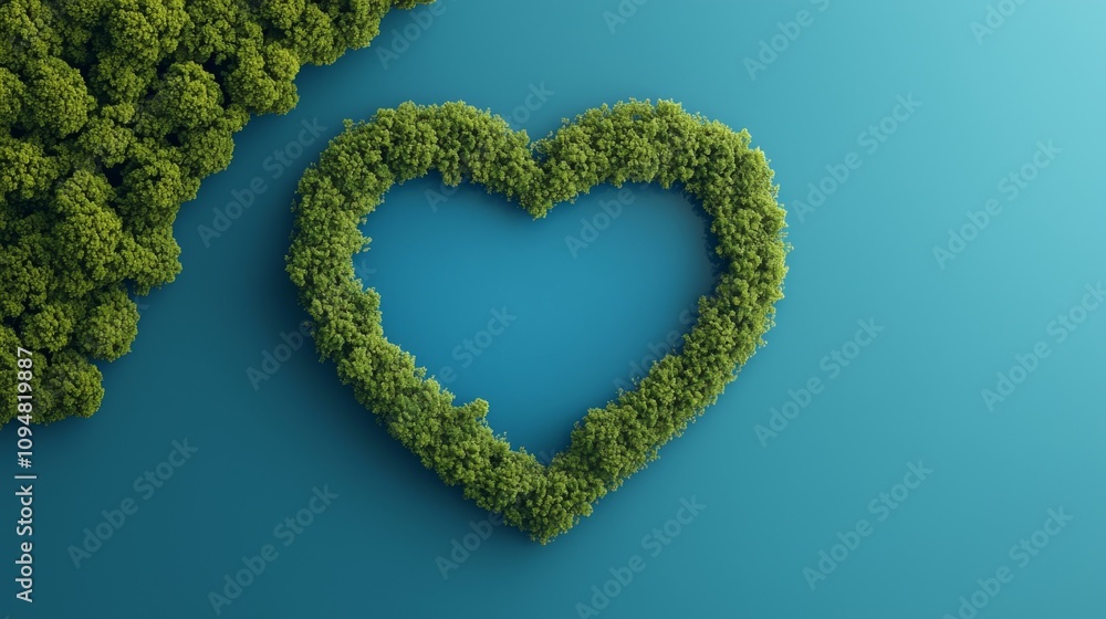 A heart-shaped island covered in lush green trees, surrounded by blue water, symbolizing love for nature and the environment. A heart-shaped island covered in lush green trees, surrounded by blue water, symbolizing love for nature and the environment.