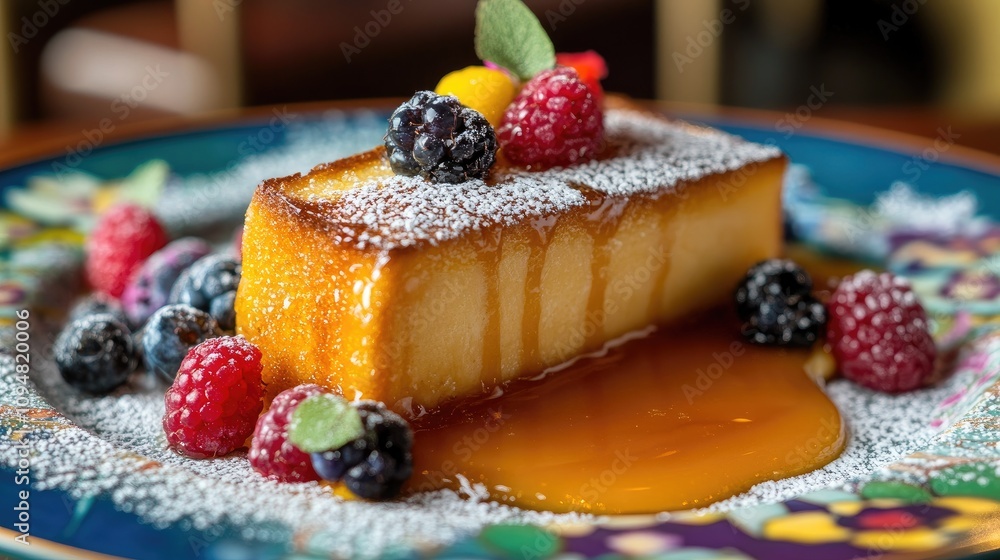 A close-up of a slice of warm honey toast oozing with honey and butter, surrounded by colorful berries and a dusting of powdered sugar on a vibrant plate.