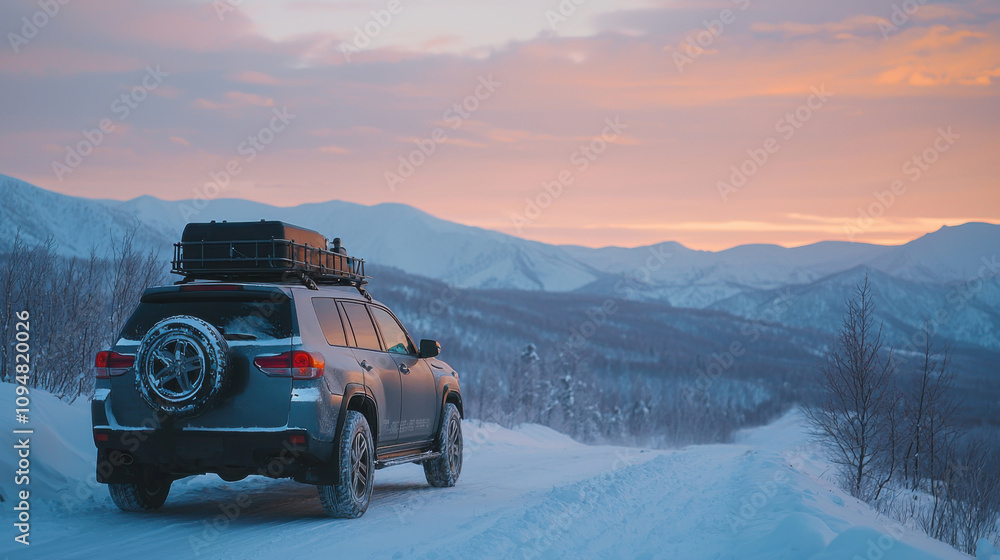 Naklejka premium Suv car with rooftop cargo carrier trunk stay on roadside of winter road. Family trip to ski resort. Winter holidays adventure. car on winter road