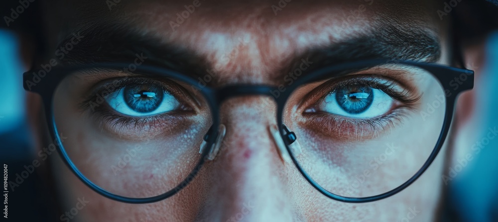 Man with eyeglasses - extreme close-up of young millennial man wearing fashion eyewear Man with eyeglasses - extreme close-up of young millennial man wearing fashion eyewear