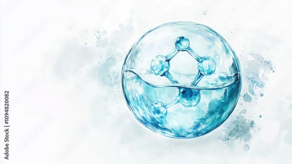 A water molecule encapsulated within a transparent blue sphere, against a soft white background, watercolor splashes hinting at the fluid nature inside. A water molecule encapsulated within a transparent blue sphere, against a soft white background, watercolor splashes hinting at the fluid nature inside.
