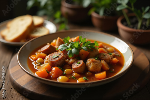 hot vegetable stew with meat in a plate, on kitchen table with slices of bread.