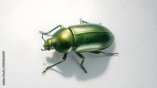 Shiny green beetle sits on a light grey background. photo