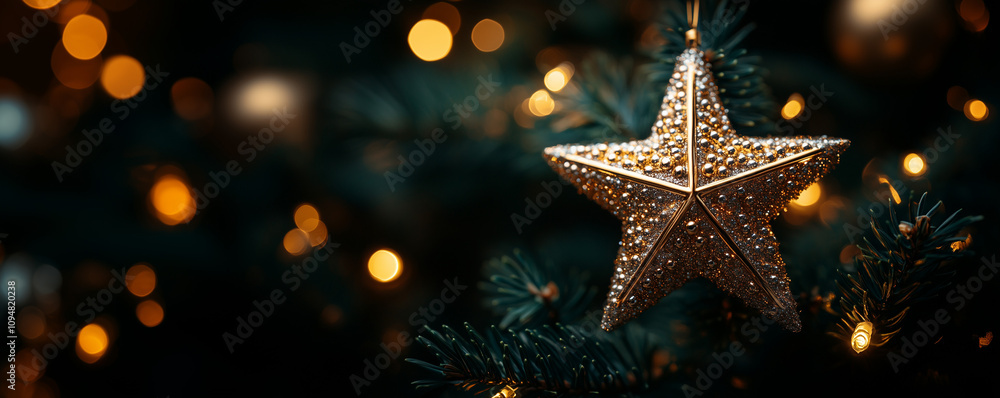 A close-up of a star-shaped tree topper on a beautifully decorated Christmas tree. Banner A close-up of a star-shaped tree topper on a beautifully decorated Christmas tree. Banner