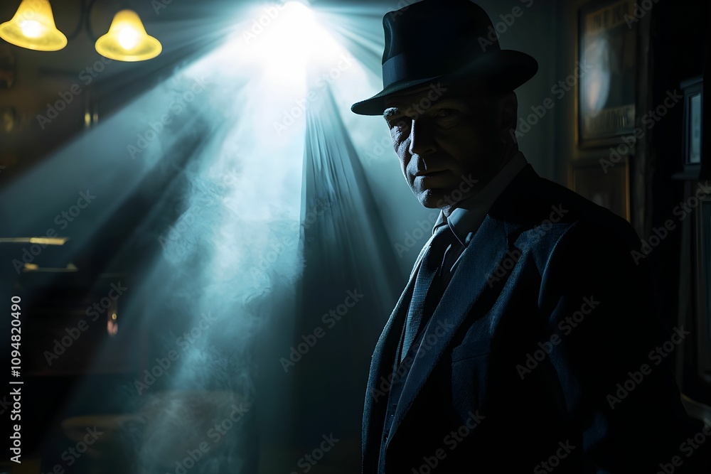 Mysterious figure in a dimly lit room with smoke and spotlight Mysterious figure in a dimly lit room with smoke and spotlight