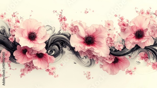 Pink Flowers With Black Swirls photo