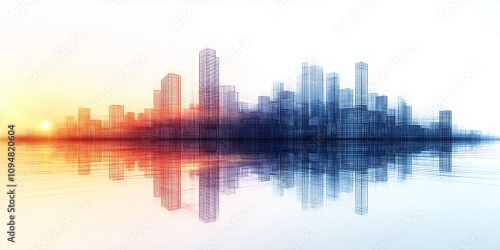Fototapeta premium Dynamic Cityscape in Wireframe Design with Soft Sunrise Glow and Reflections