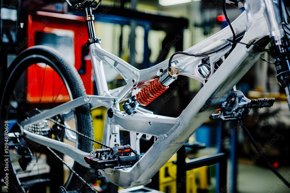 Mountain bike frame under construction in a workshop Mountain bike frame under construction in a workshop