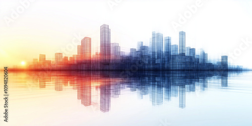 Dynamic Cityscape in Wireframe Design with Soft Sunrise Glow and Reflections