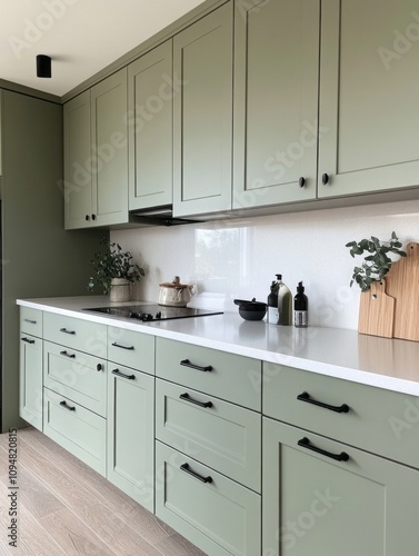 Modern Sage Green Kitchen Cabinets With Black Hardware