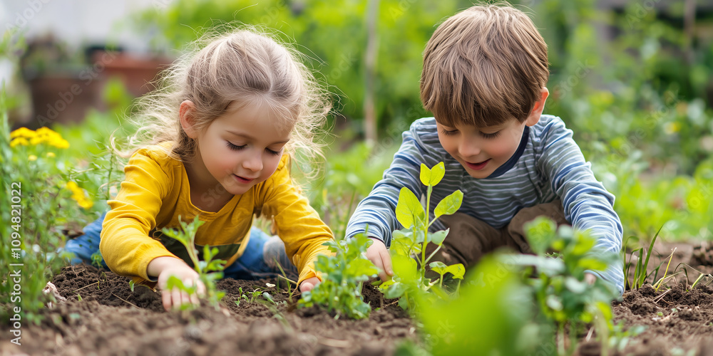 Two children planting seedlings in the garden Two children planting seedlings in the garden