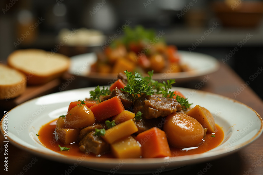 hot vegetable stew with meat in a plate, on kitchen table with slices of bread. hot vegetable stew with meat in a plate, on kitchen table with slices of bread.