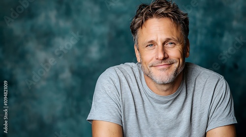 The portrait captures a middle aged man with a relaxed expression, wearing a simple t shirt and jeans. He has short, tousled hair and a subtle smile, exuding a sense of approachability and ease.