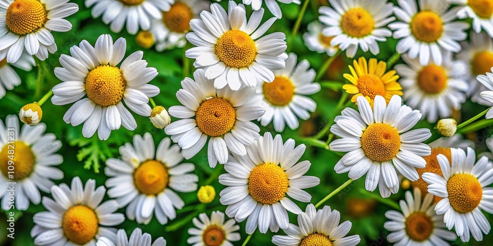 Aerial View of Chamomile Flower Collection Featuring Medicinal Daisies in a Serene Natural Setting, Capturing the Beauty and Benefits of These Beneficial Plants Aerial View of Chamomile Flower Collection Featuring Medicinal Daisies in a Serene Natural Setting, Capturing the Beauty and Benefits of These Beneficial Plants