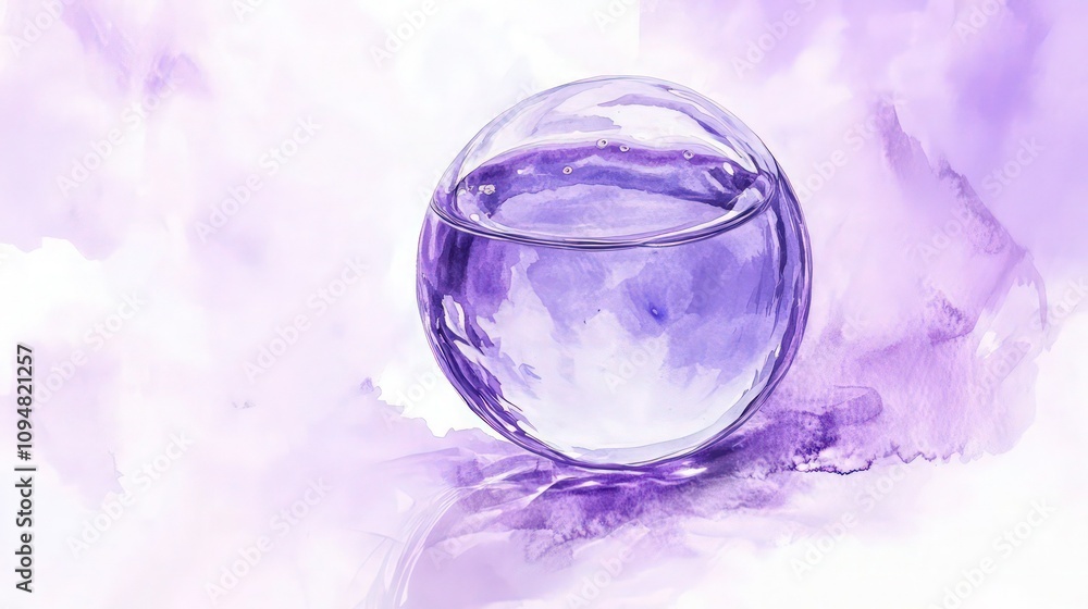 An elegant depiction of a water molecule in a lavender-colored sphere, the background washed with gentle purple watercolor strokes, evoking a sense of calm. An elegant depiction of a water molecule in a lavender-colored sphere, the background washed with gentle purple watercolor strokes, evoking a sense of calm.