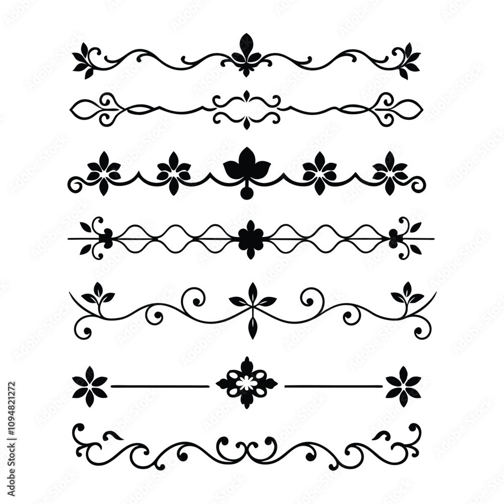 Add sophistication to your designs with this collection of elegant divider ornaments in vector format. Perfect for invitations, borders, and decorative digital projects. Add sophistication to your designs with this collection of elegant divider ornaments in vector format. Perfect for invitations, borders, and decorative digital projects.
