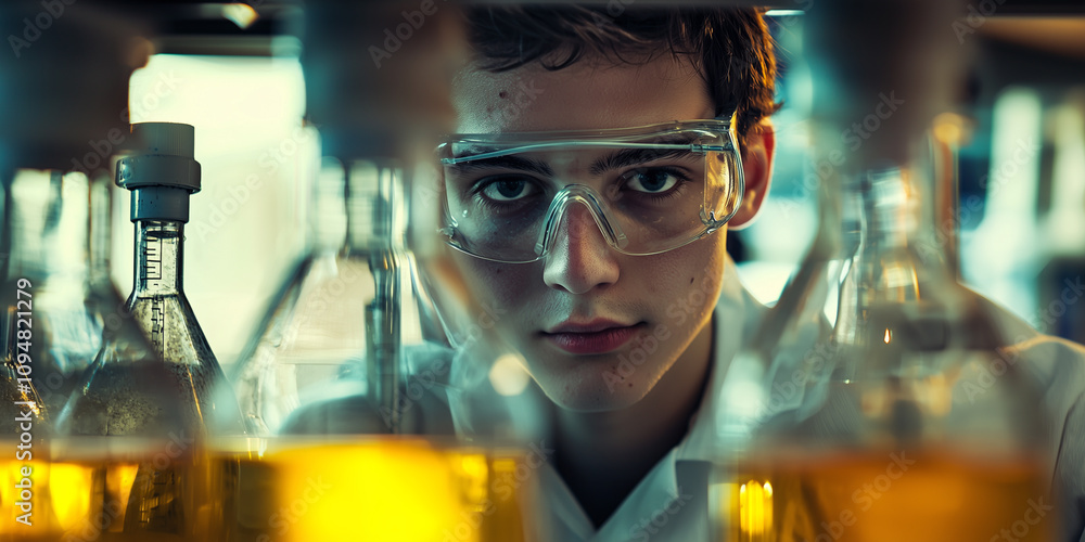 Close-up portrait of a young male scientist working in a laboratory
