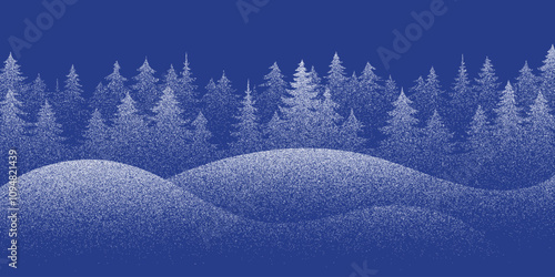 Winter forest, noisy stippled grainy texture, halftone dots, frost, vector illustration