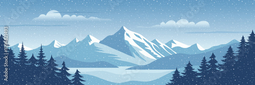 Winter landscape, mountains with forest in the fog, snowdrifts and snowfall, vector illustration	