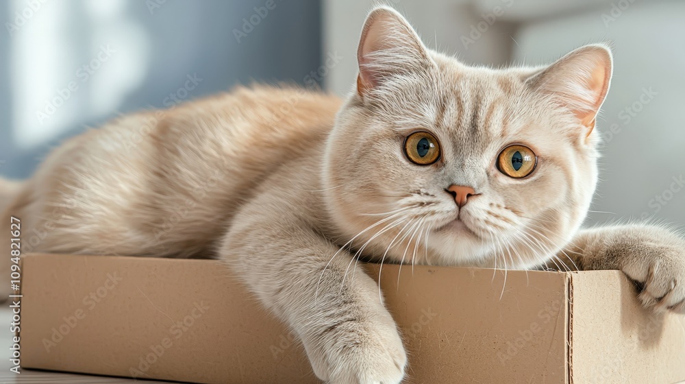 Playful scottish fold cat with fluffy fur relaxing in a cozy room environment Playful scottish fold cat with fluffy fur relaxing in a cozy room environment