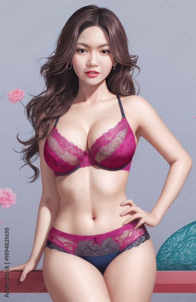 Fototapeta premium woman in a pink bra and blue panties posing for a picture