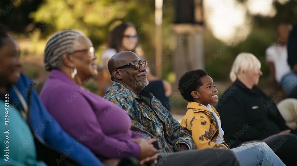 Obraz premium Multigenerational audience enjoying outdoor event, family bonding and joyful expressions in community setting during a sunny day