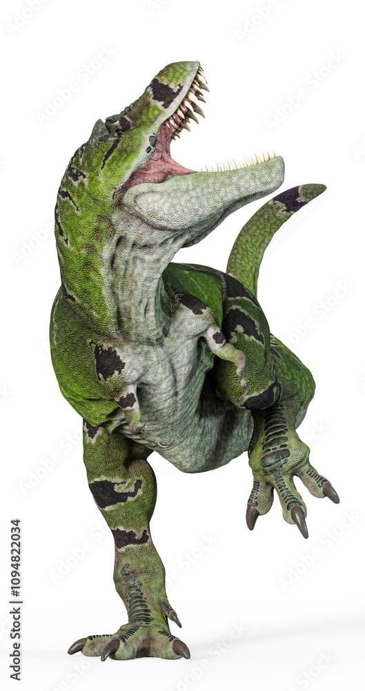tyrannosaurus mcraeensis in a crazy up attack in white background side view tyrannosaurus mcraeensis in a crazy up attack in white background side view