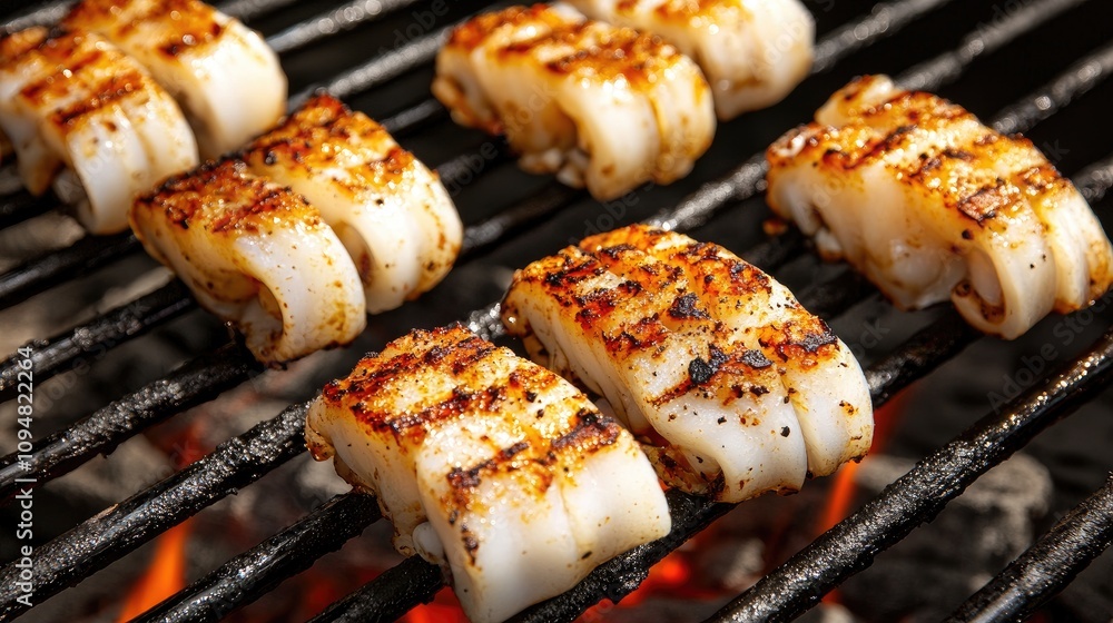 A close-up view of grilled squid skewers on a barbecue grill, with char marks highlighting the cooking process and smoke wafting in the air. A close-up view of grilled squid skewers on a barbecue grill, with char marks highlighting the cooking process and smoke wafting in the air.