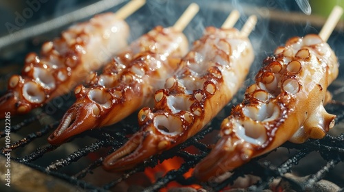 A close-up view of grilled squid skewers on a barbecue grill, with char marks highlighting the cooking process and smoke wafting in the air.