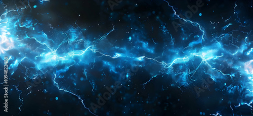 Lightning and thunder background with blue electric light flashes in the dark sky. Blue lightning energy storm background.