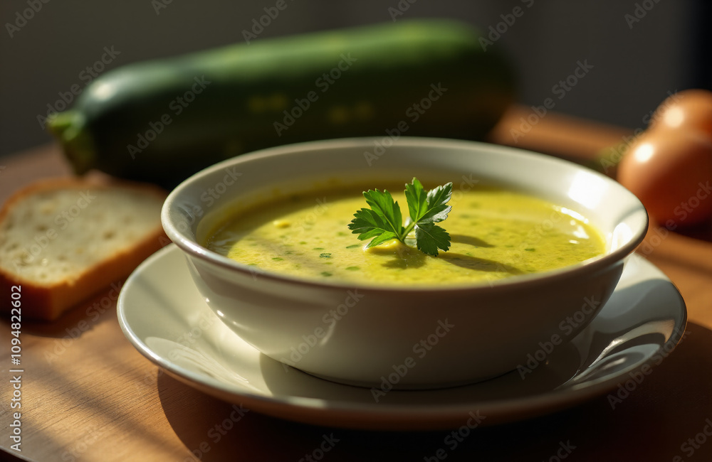 Hot zucchini soup puree in tureen with slices of bread on the kitchen table. Hot zucchini soup puree in tureen with slices of bread on the kitchen table.