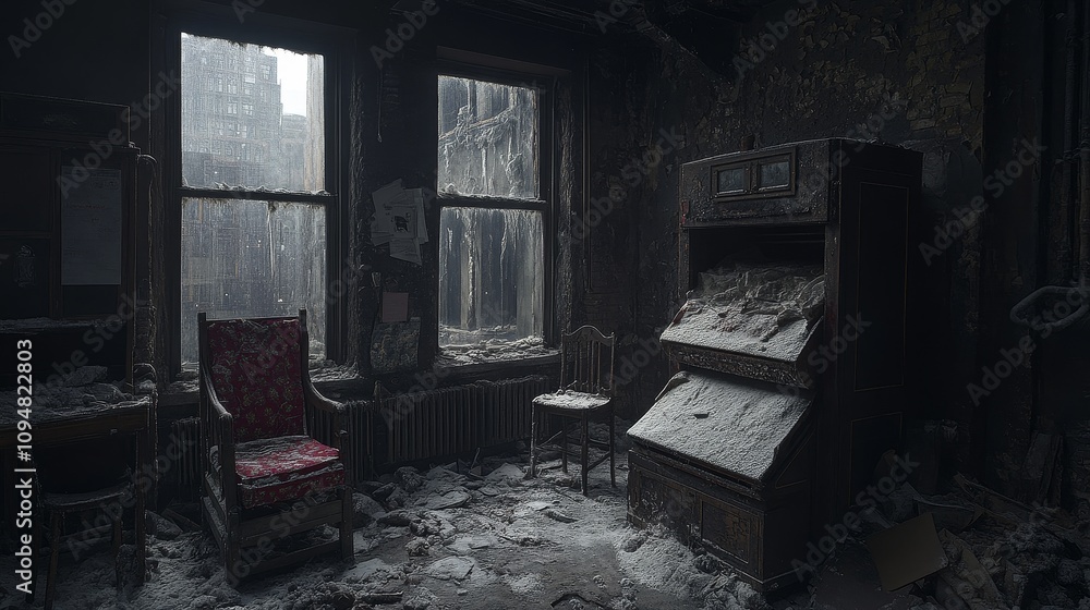 A Red Chair in a Darkened and Abandoned Room A Red Chair in a Darkened and Abandoned Room