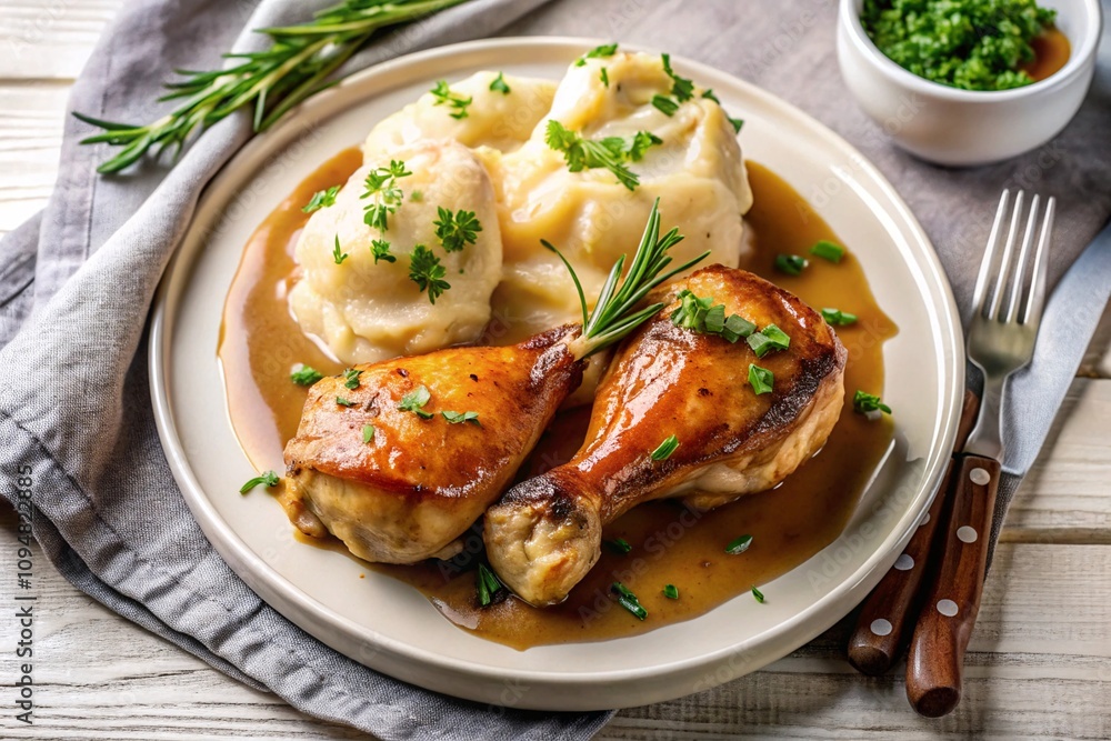 Roasted Chicken Pieces with Mashed Potatoes and Gravy Roasted Chicken Pieces with Mashed Potatoes and Gravy
